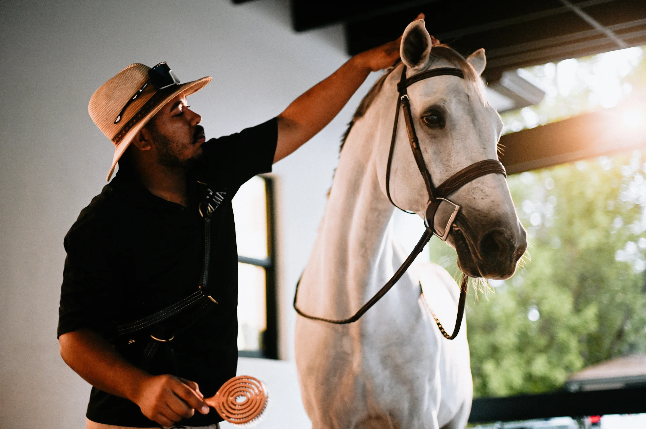 A man wearing a wide-brimmed straw hat and sunglasses is grooming a white horse inside a stable, with sunlight coming through a window in the background.