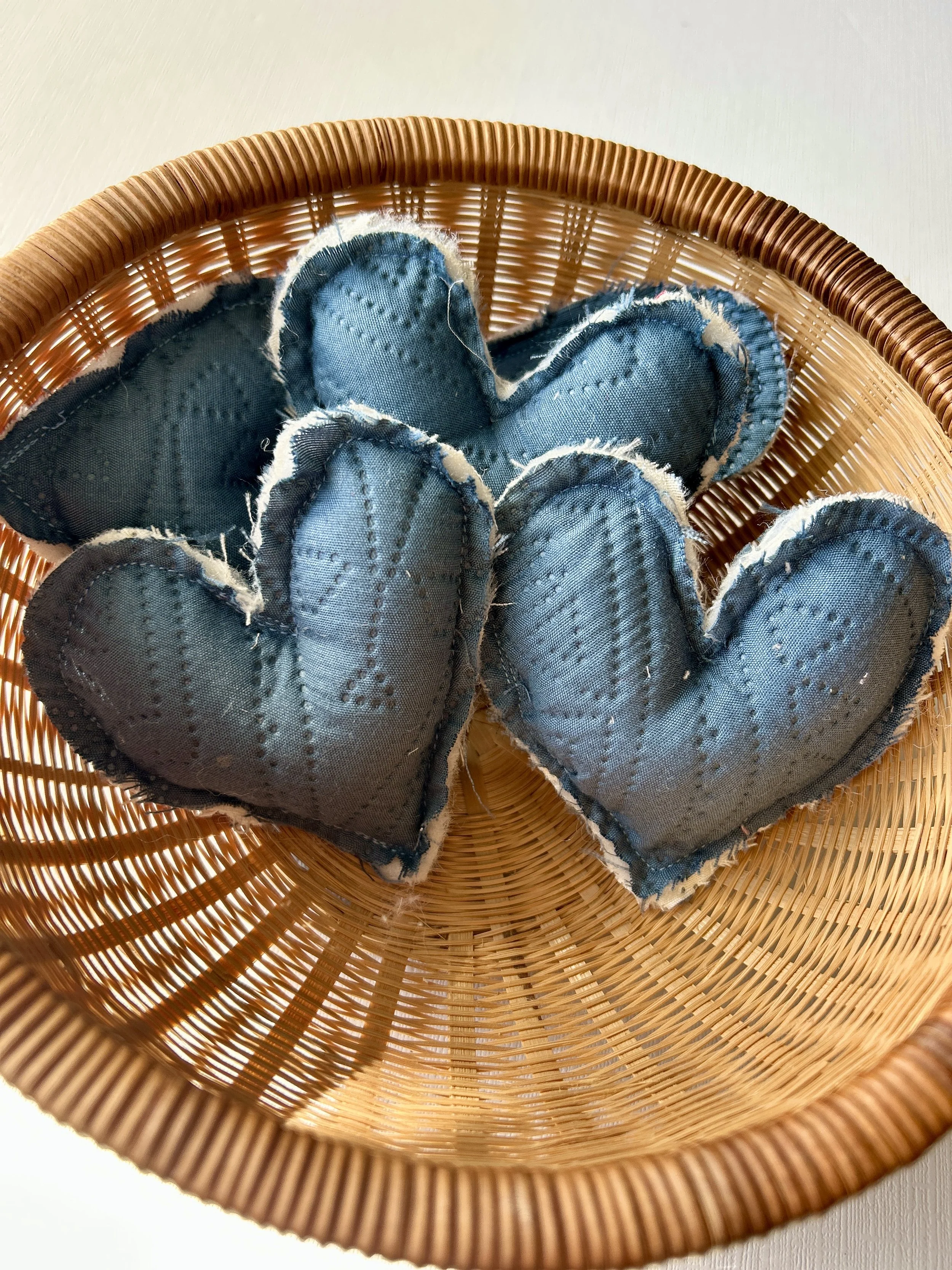 Set of Five Blue Quilted Hearts Heart Decor Bowl Filler Tiered Tray Accent