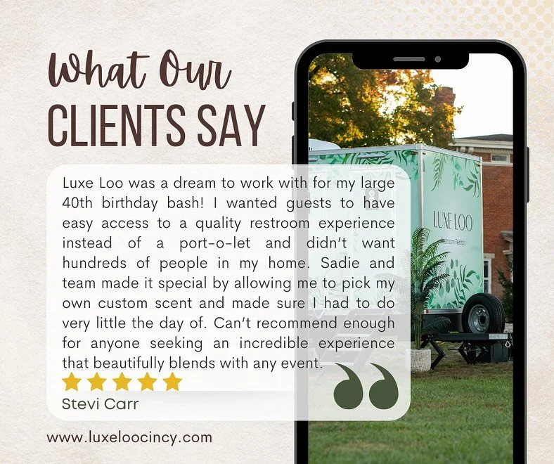 At Luxe Loo Cincy, exceptional service isn&rsquo;t an afterthought &mdash; it&rsquo;s our foundation. 💛

So when our clients take the time to share their experience, it reminds us that the long hours, early mornings, and careful details are worth it
