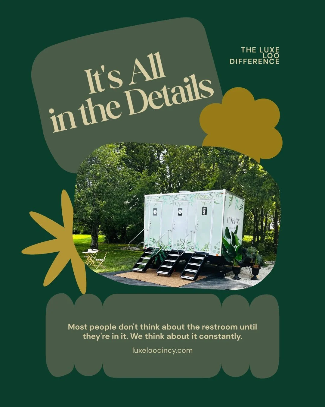 Your venue has a lot of details covered. The restroom probably isn&rsquo;t one of them. 👀

At Luxe Loo Cincy, we obsess over the part of your event that most people overlook &mdash; and your guests notice every single time.

Inside every trailer: lu