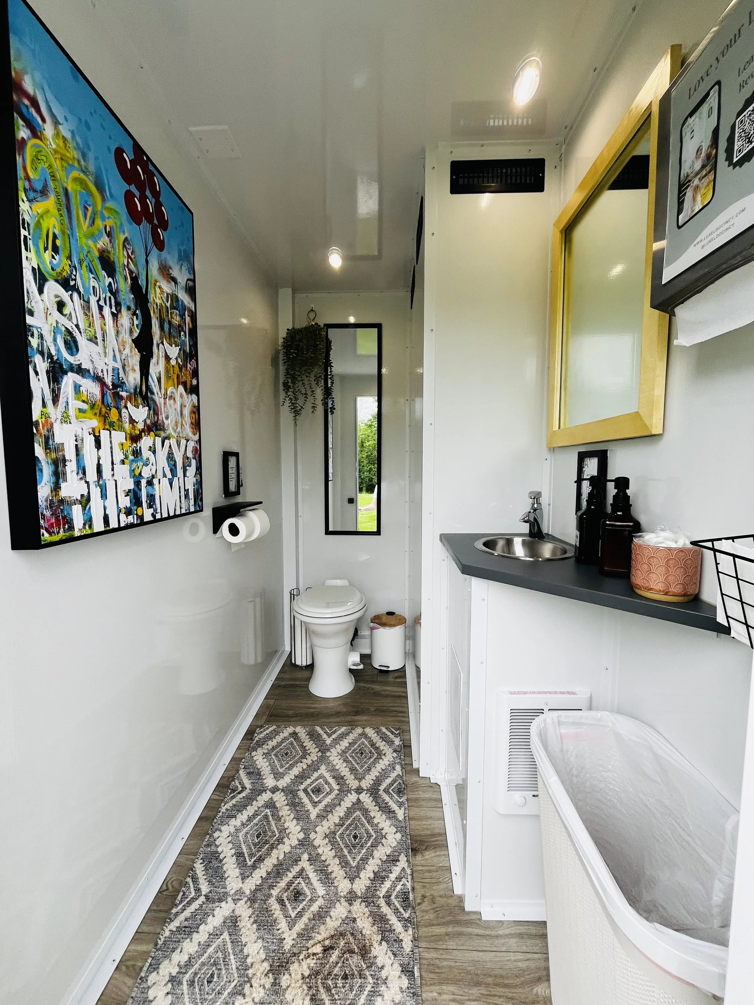 Petite 2-stall photo of the bathroom with white walls, greycountertop with a sink, a toilet, a patterned rug, artwork, a mirror, and a laundry or utility basket.