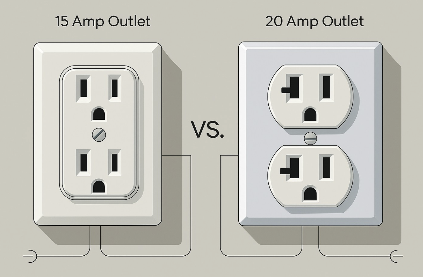 Comparison of two electrical outlets labeled 15 Amp and 20 Amp, showing different configurations and power capacity.