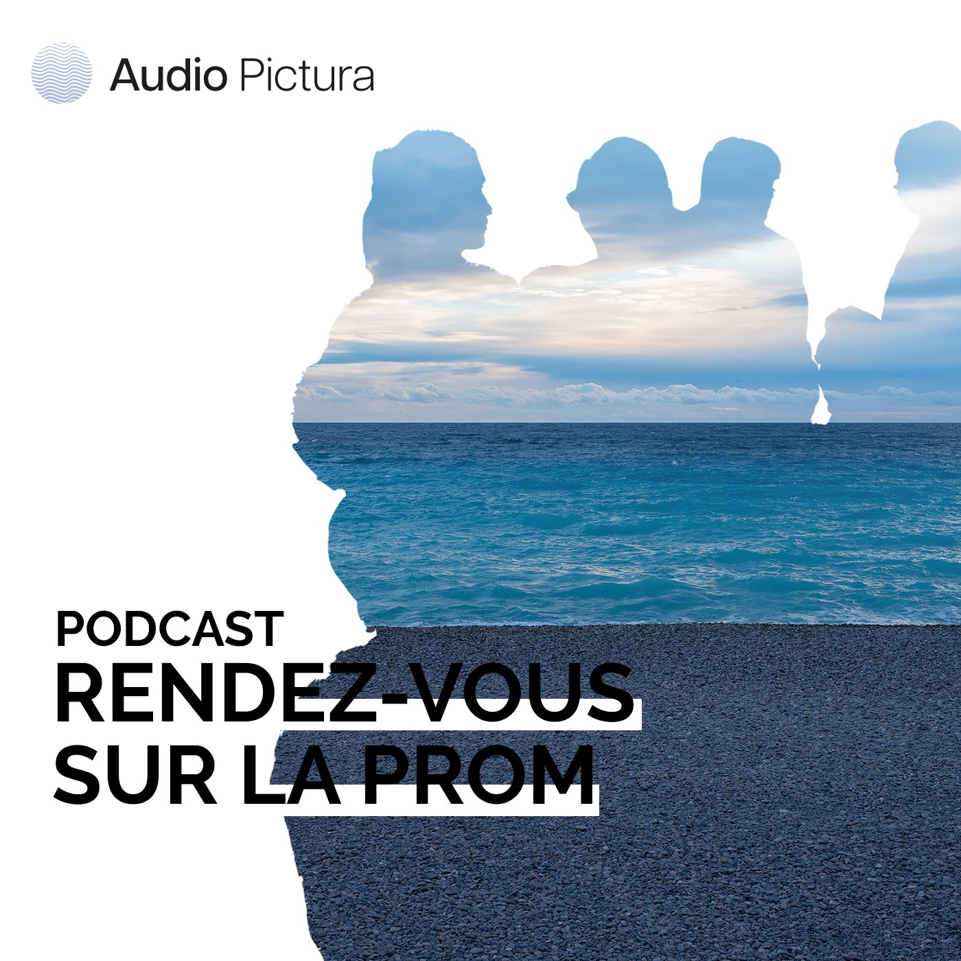 Image d'une couverture de podcast intitulée "Rendez-vous sur la Prom" montrant des silhouettes de personnes avec une vue de la mer en arrière-plan.