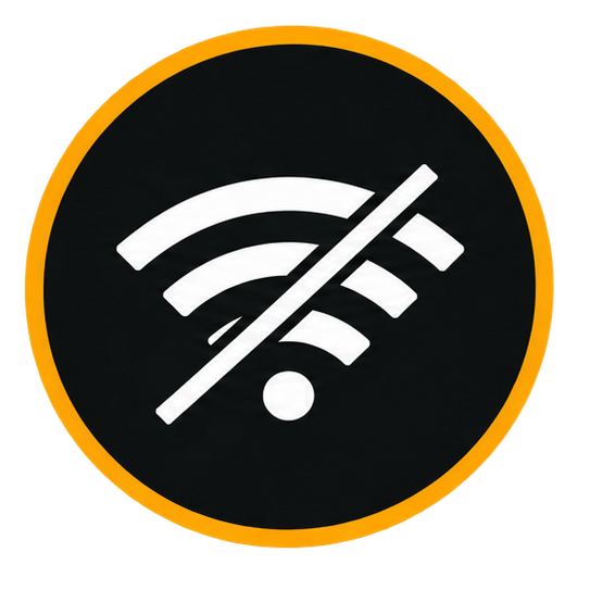 A black circular sign with a Wi-Fi symbol and a slash through it, indicating no Wi-Fi or wireless connection.