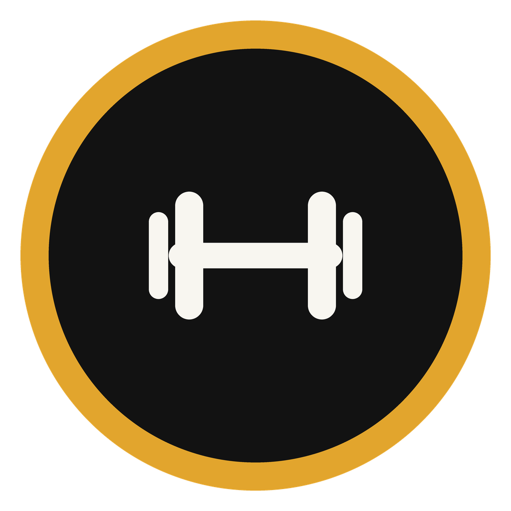 Icon of a dumbbell inside a black circle with a gold border, representing fitness or weightlifting.