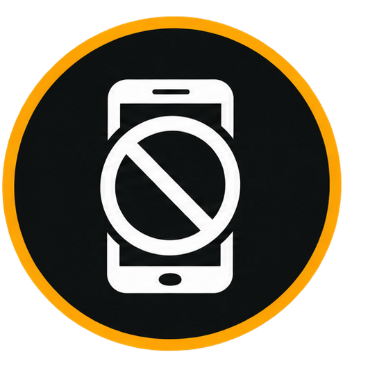 A black circular sign with a white smartphone icon and a prohibition symbol over it.