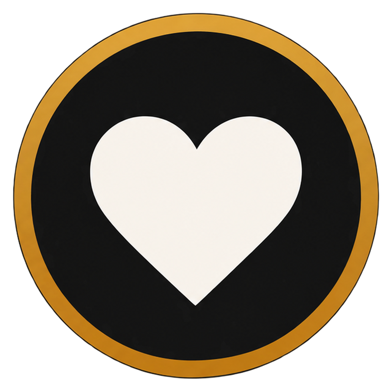 Circular sign with a gold border, black background, and a white heart symbol in the center.