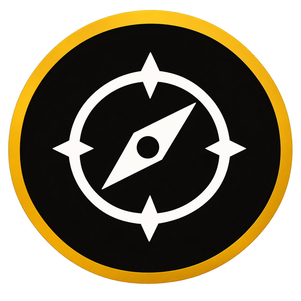A round icon resembling a compass with a black background, white directional arrows, and a gold border.