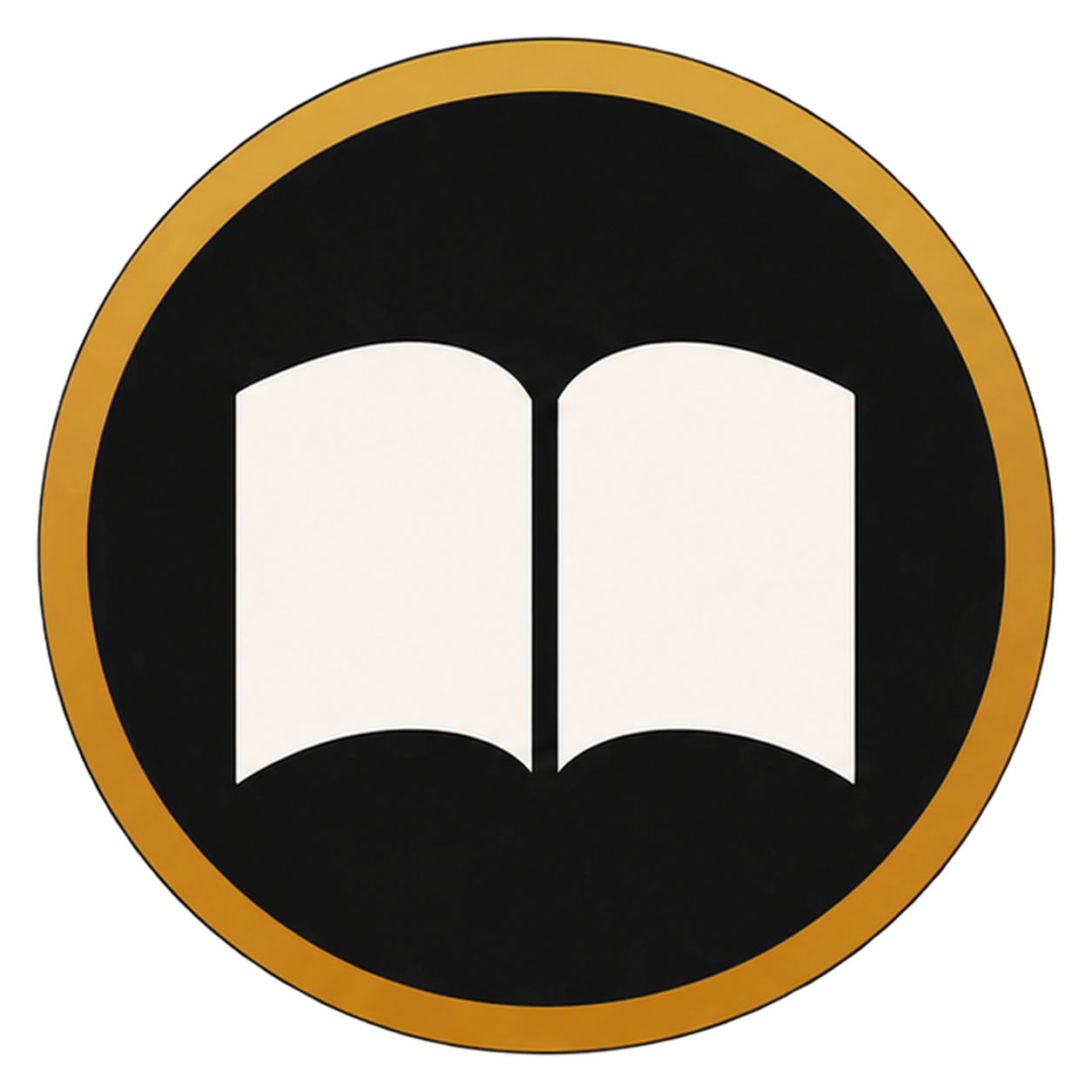Symbol of an open book inside a black circle with a gold border.