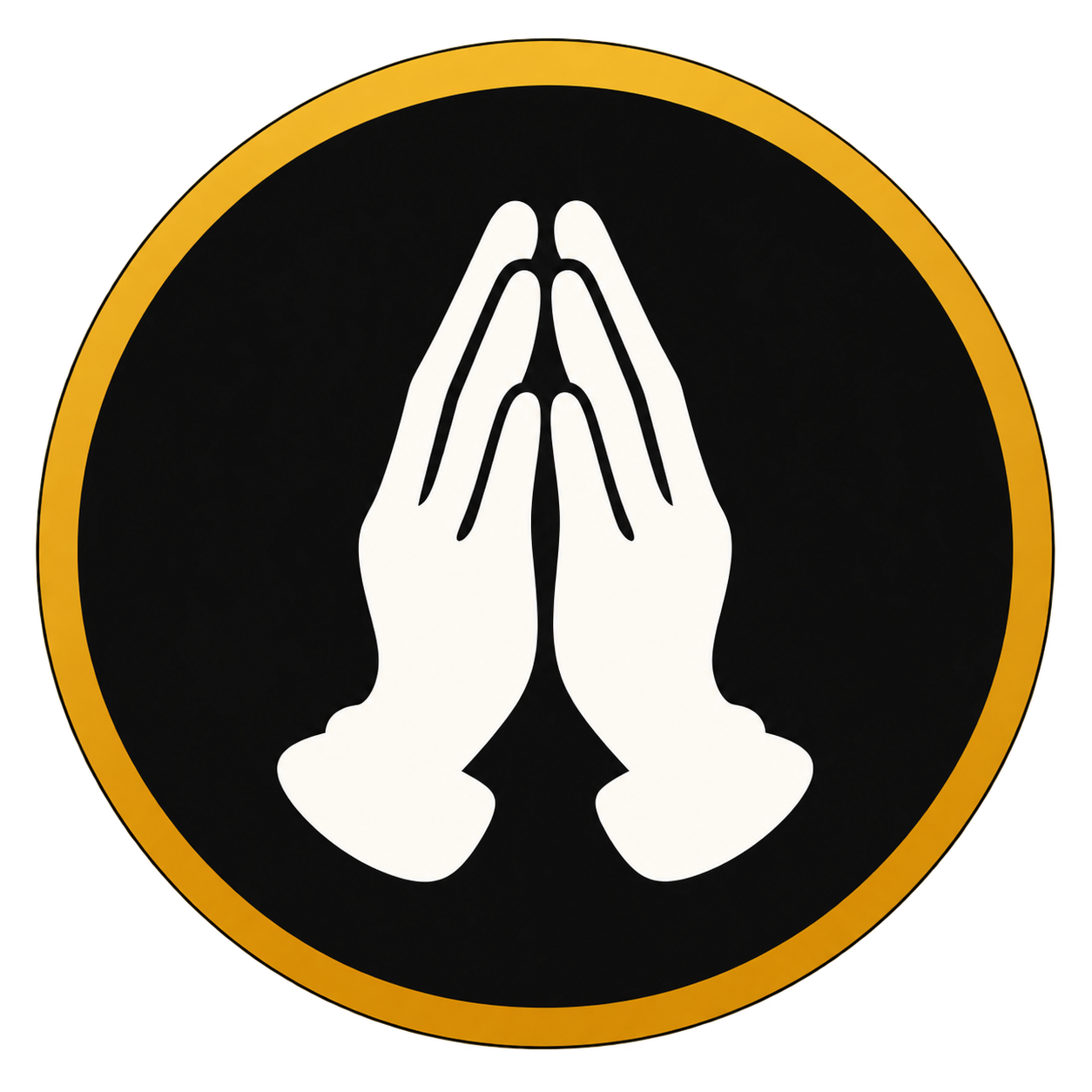 Icon with two white hands pressed together on a black circular background with a gold border, symbolizing prayer or gratitude.