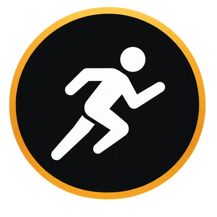 A black circular sign with a gold border, depicting a white figure of a person running.