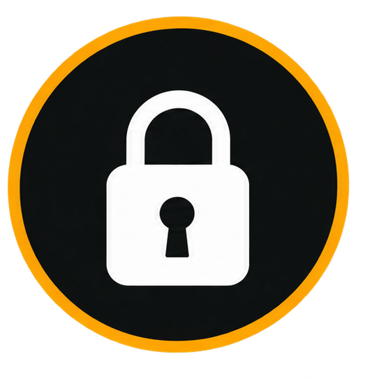 Lock icon on a black circular background with a golden border.