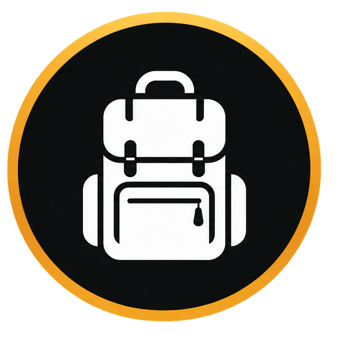 Icon of a white backpack on a black circular background with a yellow border.