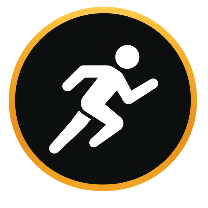 Icon of a person running on a black circular background with a gold border.