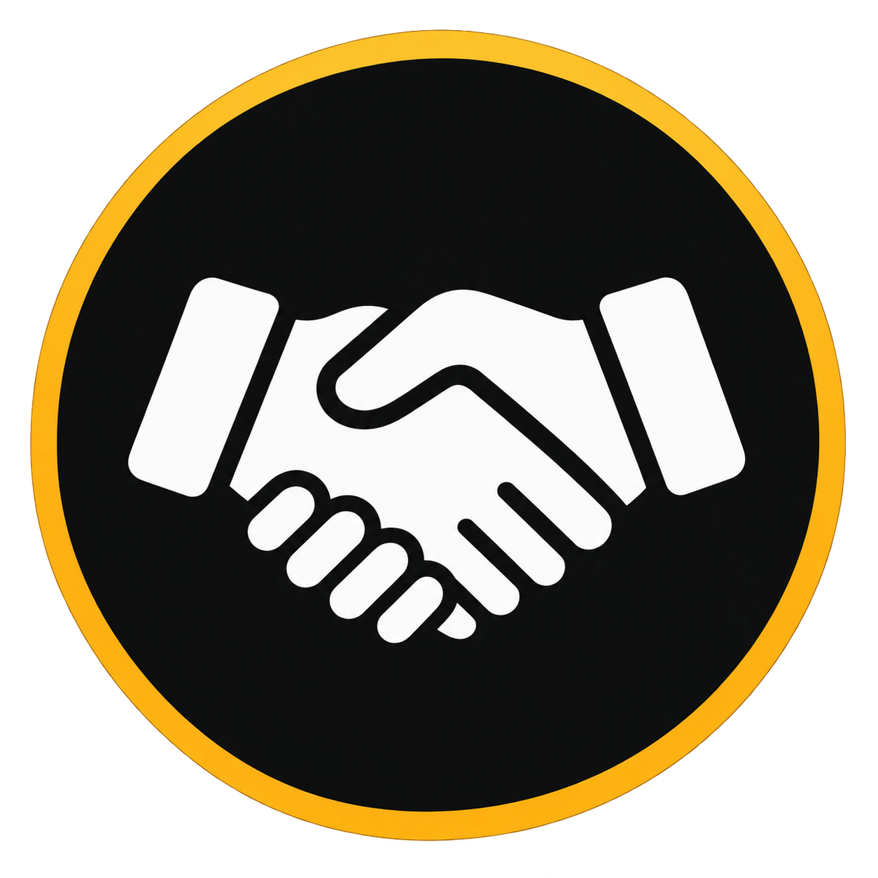 Icon of two hands shaking, representing agreement or partnership, inside a black circle with a yellow border.