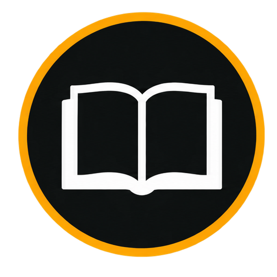 Open book icon on a black circular background with a gold border