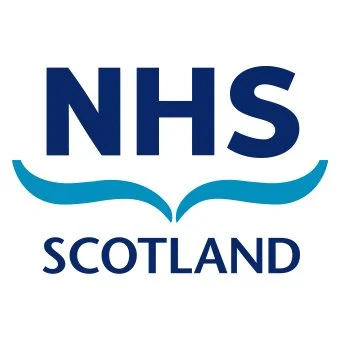 NHS Scotland logo with blue text and a stylized wave design.