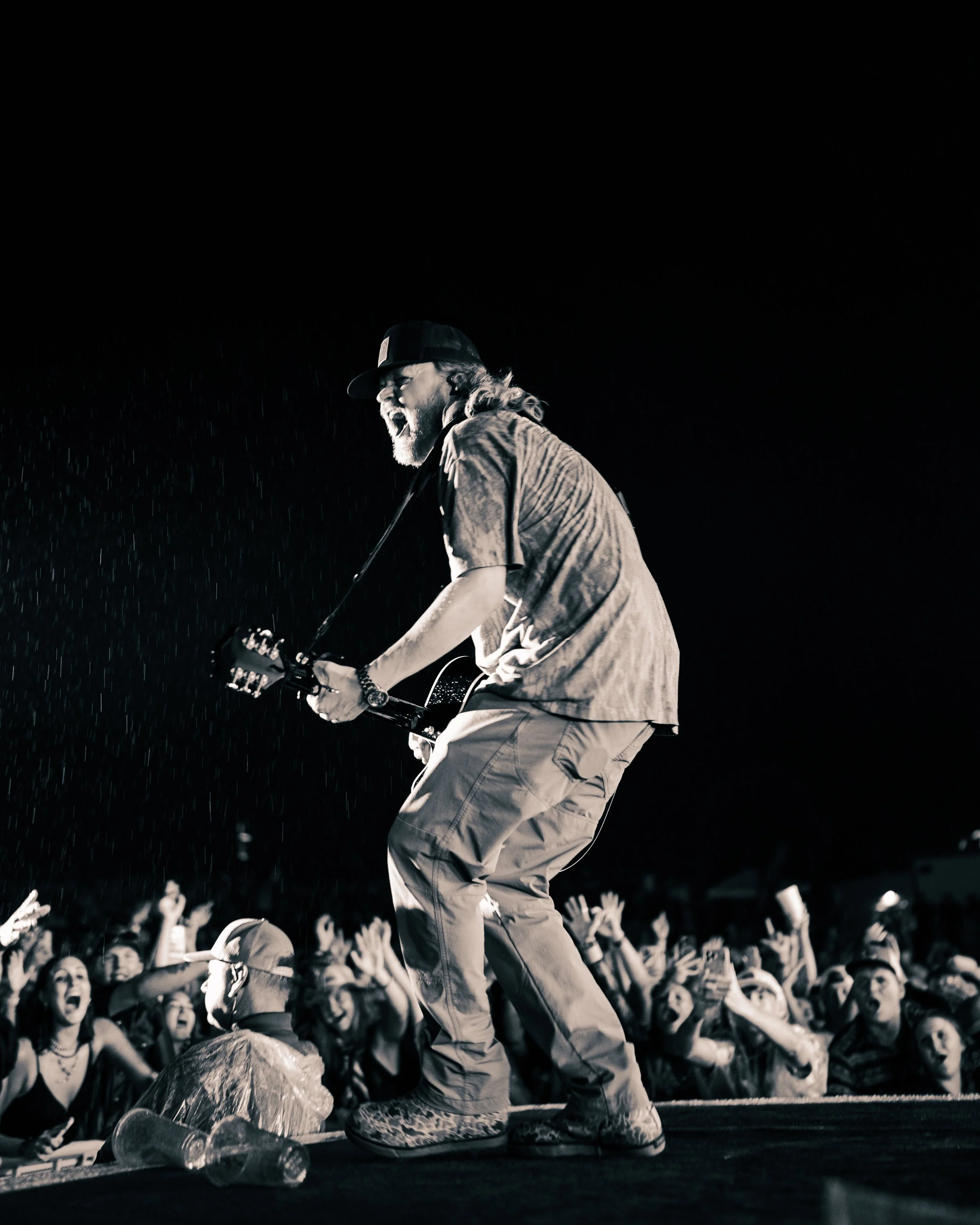 A musician playing guitar and singing passionately on stage at night, fans reaching towards him in the audience. The scene is illuminated by stage lighting, capturing an energetic live performance.