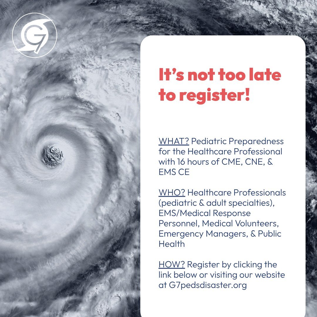 On June 18-19, New Orleans, LA and June 29-30, Birmingham, AL, G7&rsquo;s Pediatric Preparedness for the Healthcare Professional (PPHP) Course equips healthcare teams with the skills to improve pediatric disaster response, planning &amp; recovery.

?