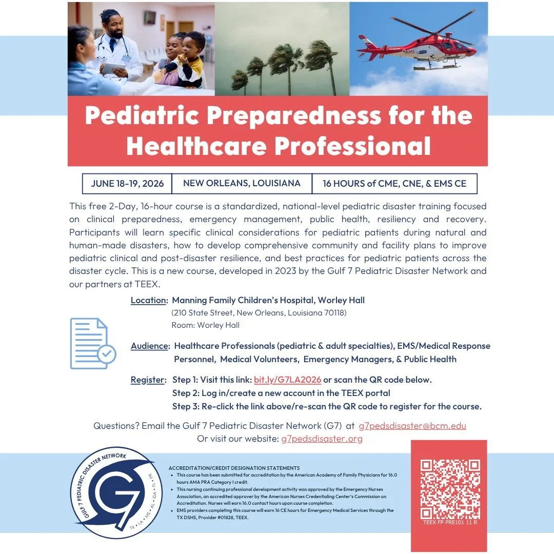 Disasters impact children differently. Learn pediatric-focused disaster care, preparedness &amp; recovery at G7&rsquo;s FREE PPHP Course.

💡 Open to healthcare professionals, EMS &amp; emergency managers.

Register here: https://bit.ly/4dQWfbd
#Peds