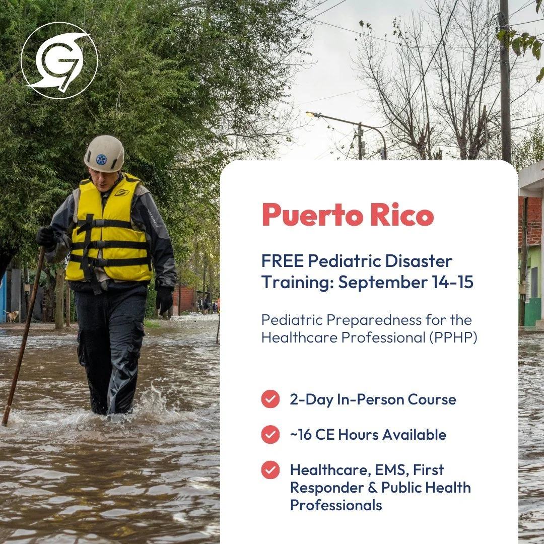📢Calling all healthcare professionals, EMS, fire fighters, volunteers &amp; public health workers in Puerto Rico! ⏰It's not too late to register for our free PPHP Course taking place September 14-15!

Register on our website today!
#PedsReady #Disas