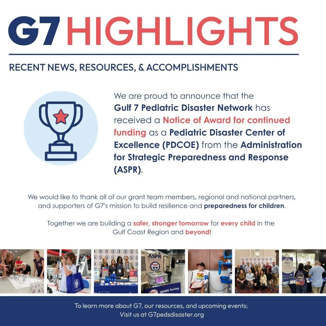 ⭐️ What a big milestone for G7! ⭐️

🏆️ This award strengthens our ability to advance pediatric disaster preparedness, support our partners across the Gulf Coast Region and across the U.S., and build a safer, more resilient future for every child. 💙