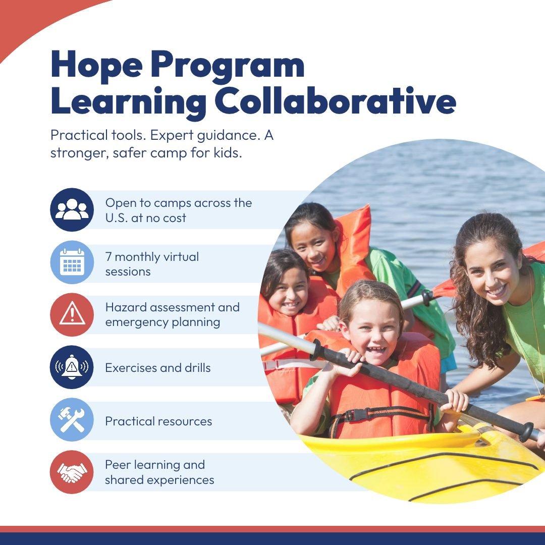 ❤️ The Hope Program wants to prepare your camp for the next emergency. This free learning collaborative offers practical tools, guidance, resources, and opportunities to learn alongside other camps across the country.

⏰️Apply before it's too late! L