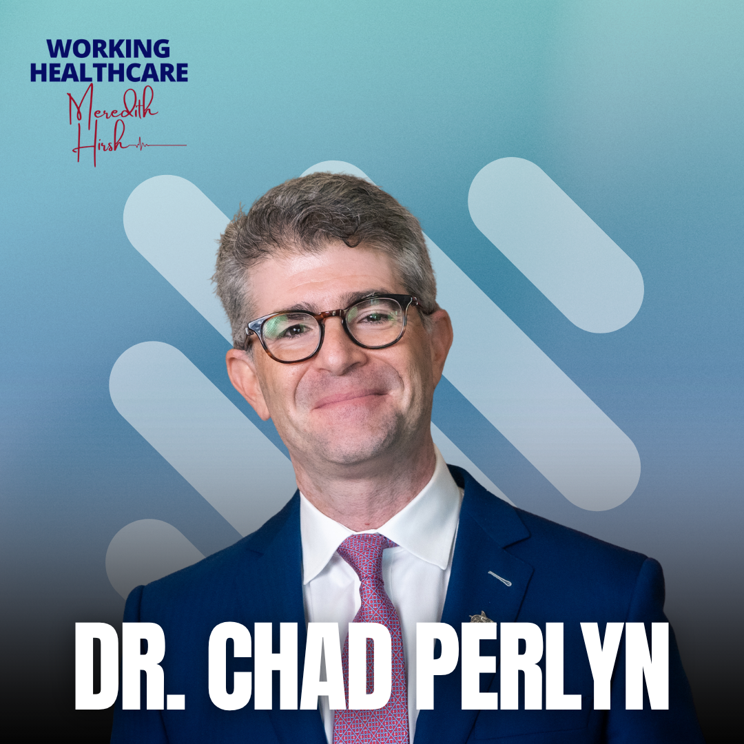 A professional portrait of Dr. Chad Perlyn wearing a dark blue suit, white shirt, and red patterned tie, with glasses, smiling against a blue background with abstract shapes and text.