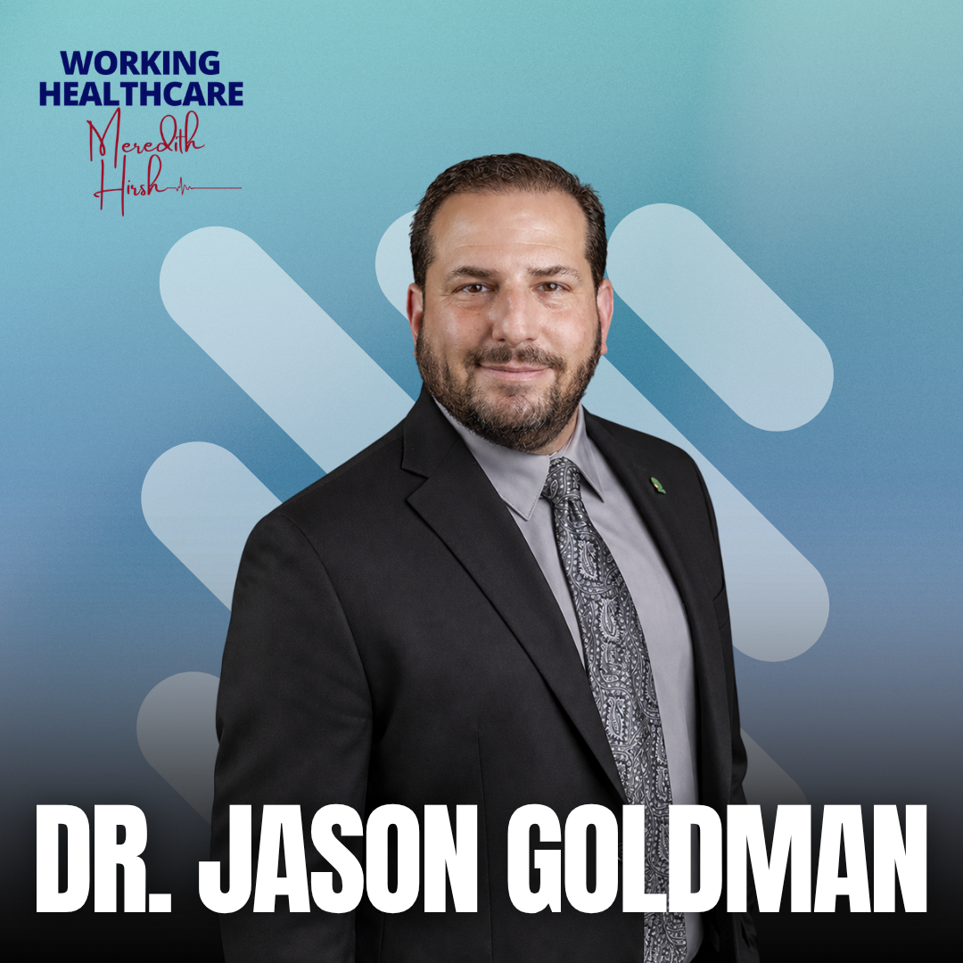 Professional portrait of Dr. Jason Goldman in a black suit, light shirt, patterned tie, smiling against a blue background with graphics and text relating to healthcare.