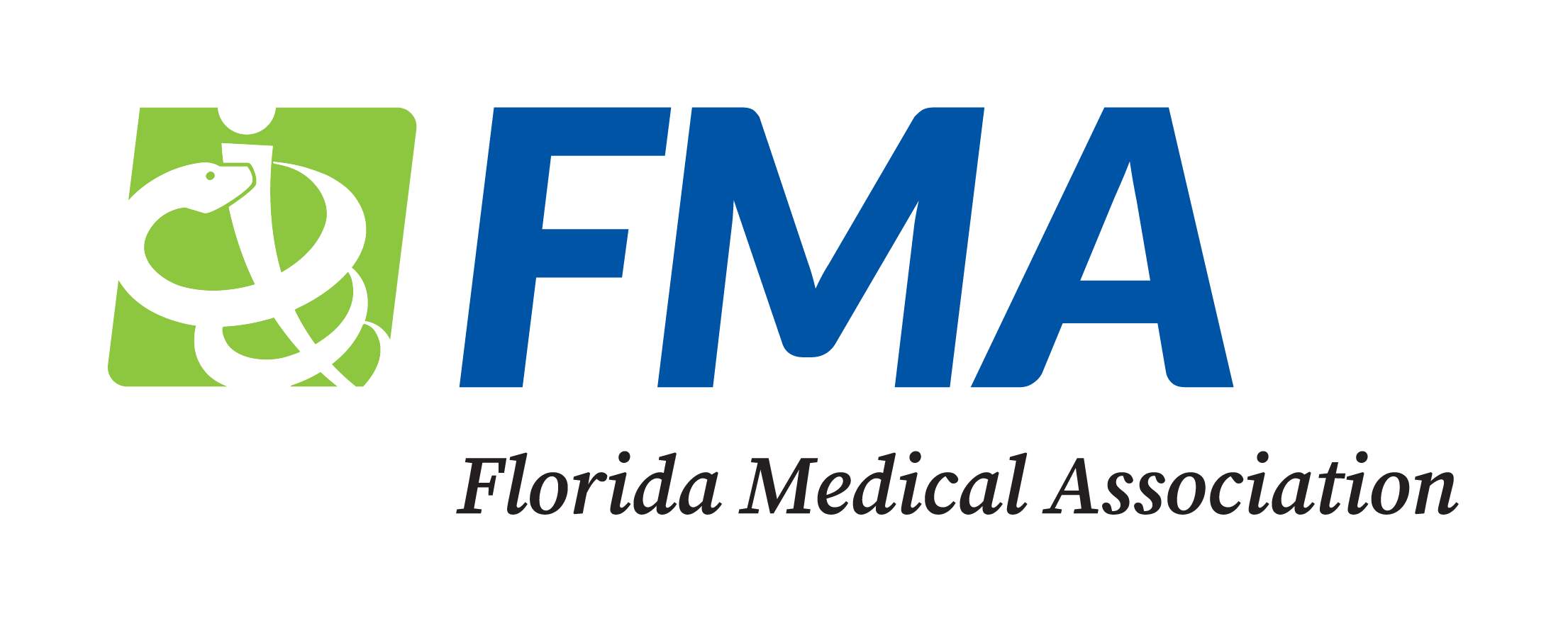 Logo of the Florida Medical Association (FMA) featuring a stylized medical caduceus symbol on a green background and blue text reading 'FMA' with smaller black text 'Florida Medical Association' underneath.