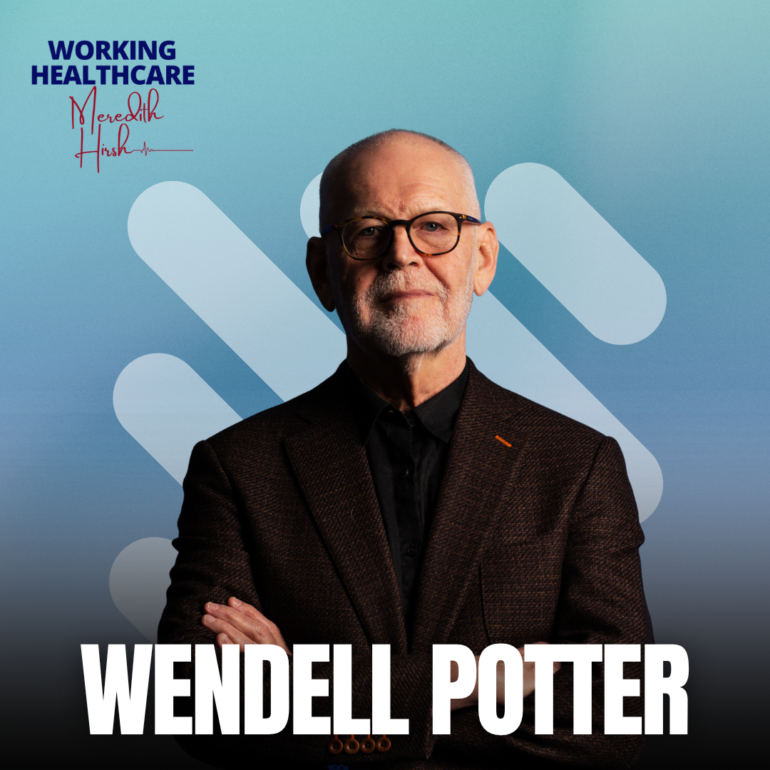 Portrait of Wendell Potter wearing glasses and a dark blazer, standing with arms crossed, against a blue background with light gray abstract shapes, with text indicating he is part of a healthcare discussion and his name is Wendell Potter.