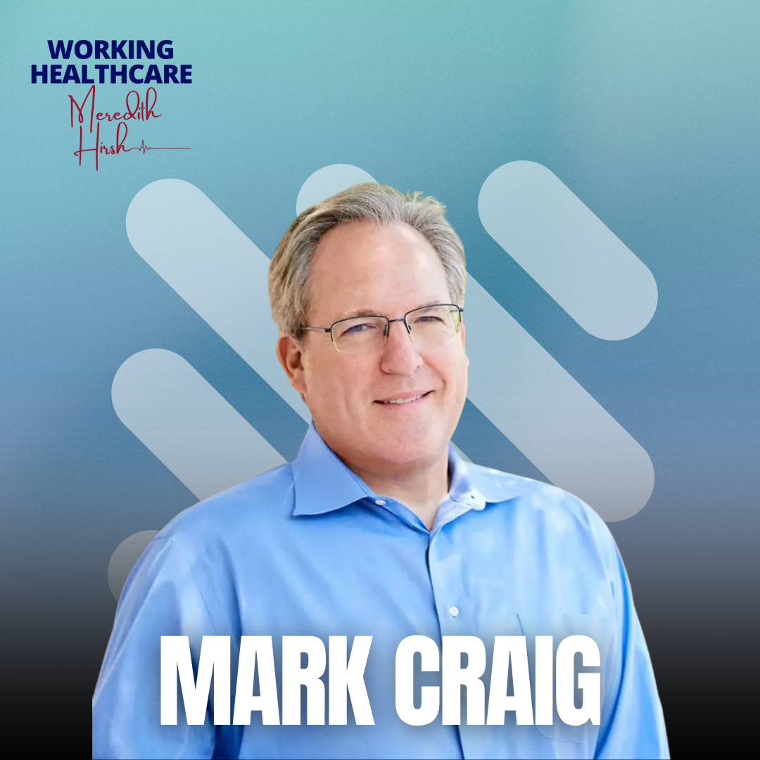 Promotional image of Mark Craig for working healthcare, featuring a man with glasses in a blue shirt, background with blue gradient and medical-themed graphics, and text with his name.