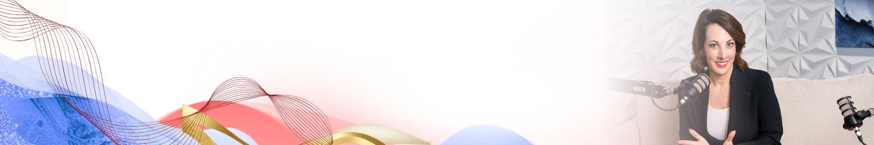Woman sitting in front of a microphone in a recording studio, smiling, with an abstract color gradient background.