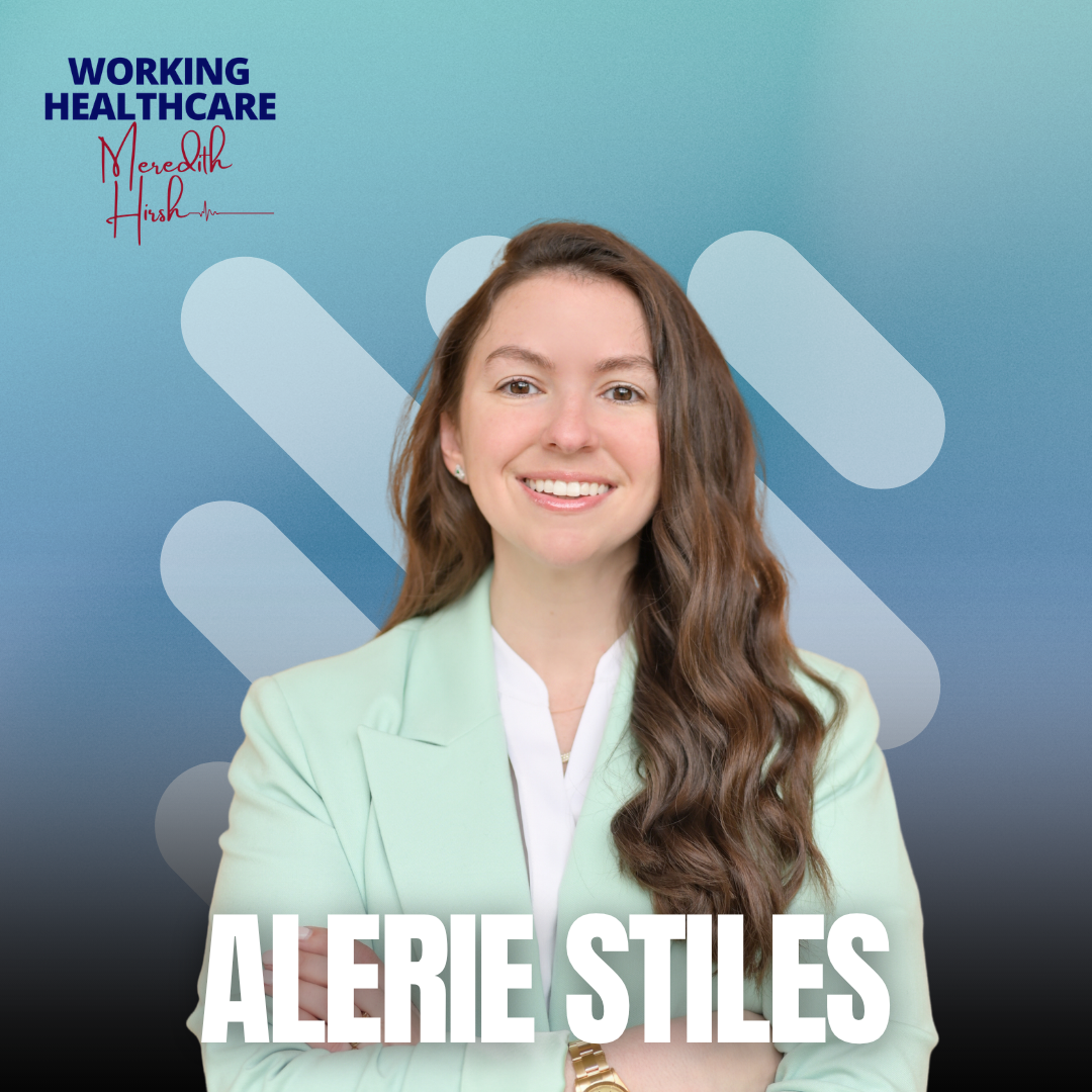 Portrait of Alerie Stiles, smiling woman with long wavy brown hair, wearing a green blazer and white blouse, with a blue gradient background featuring white medical icons and text about working healthcare.