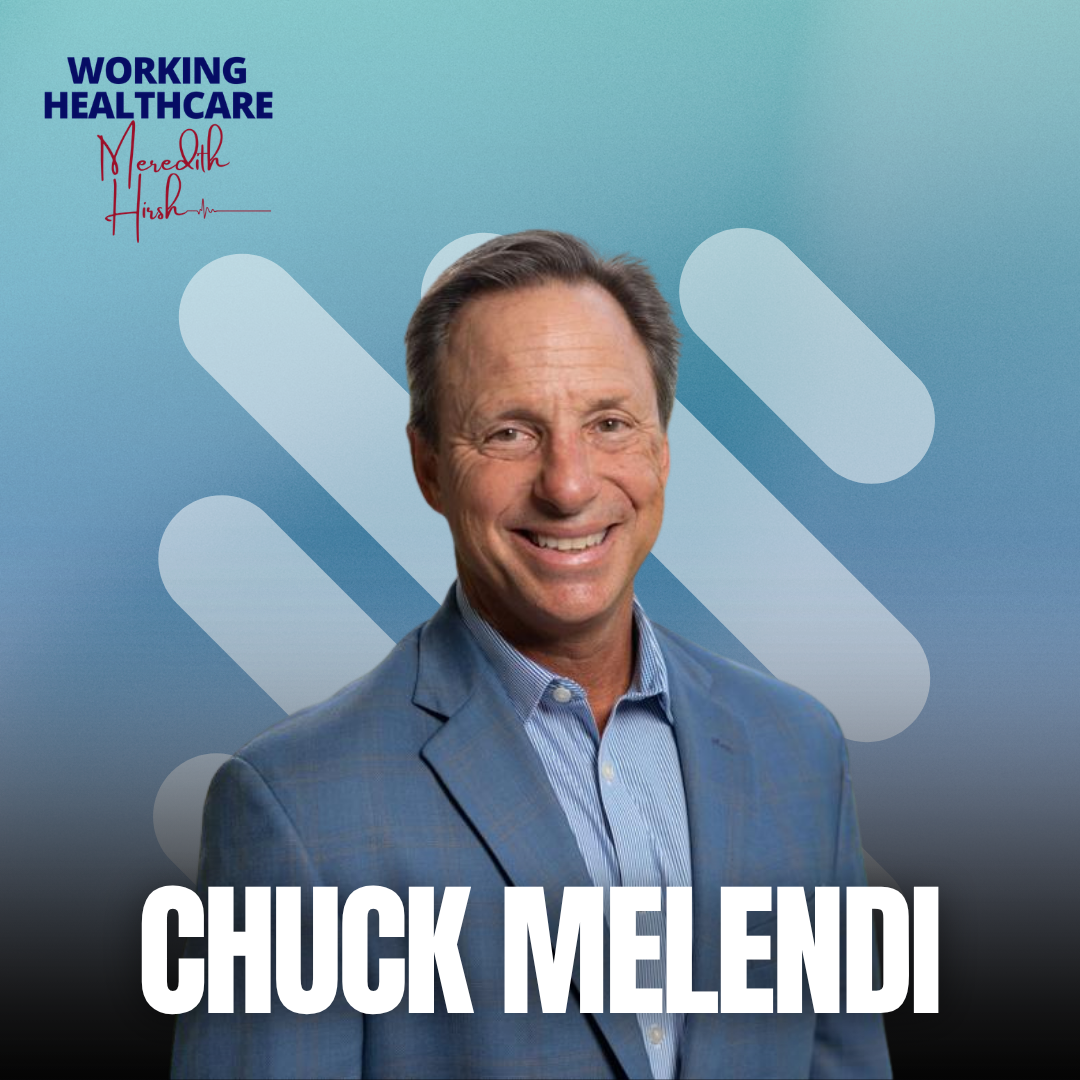 Professional portrait of Chuck Melendi in a blue suit, smiling, with light blue background featuring graphics and text related to healthcare.