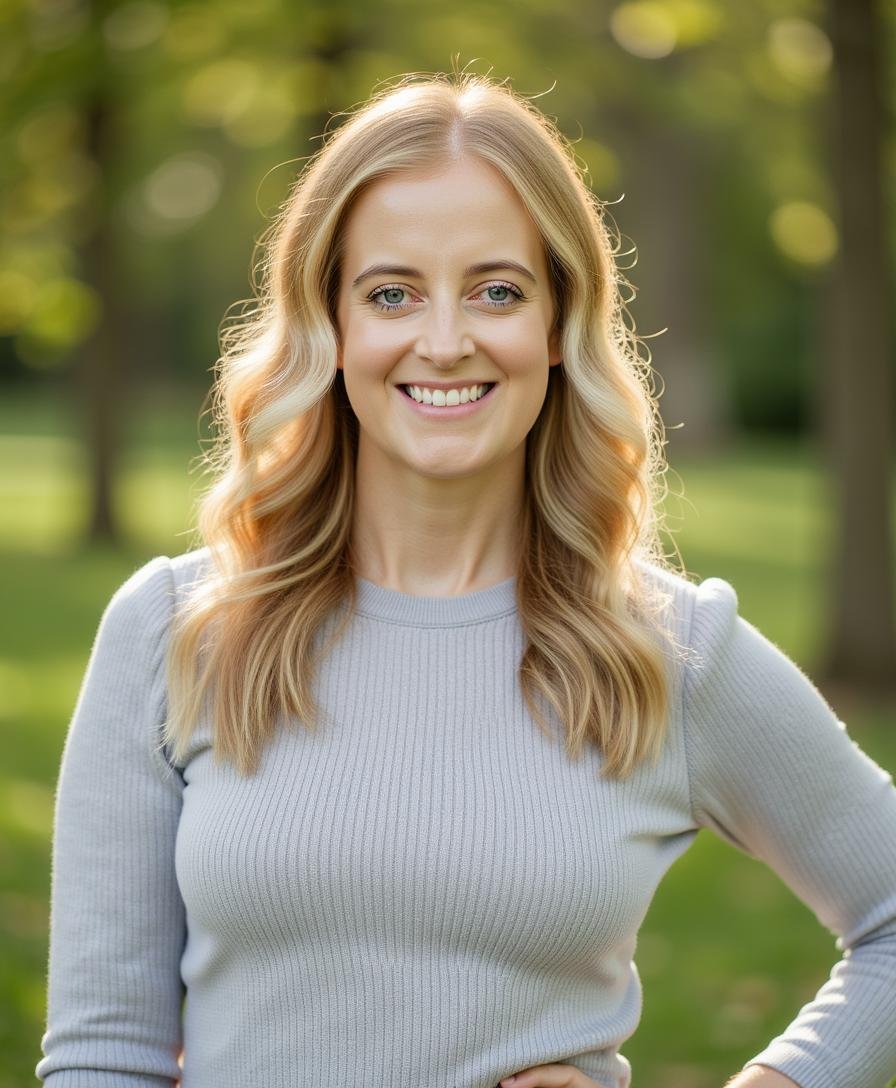 Christine Warren, business growth consultant, smiling outdoors in a light gray sweater