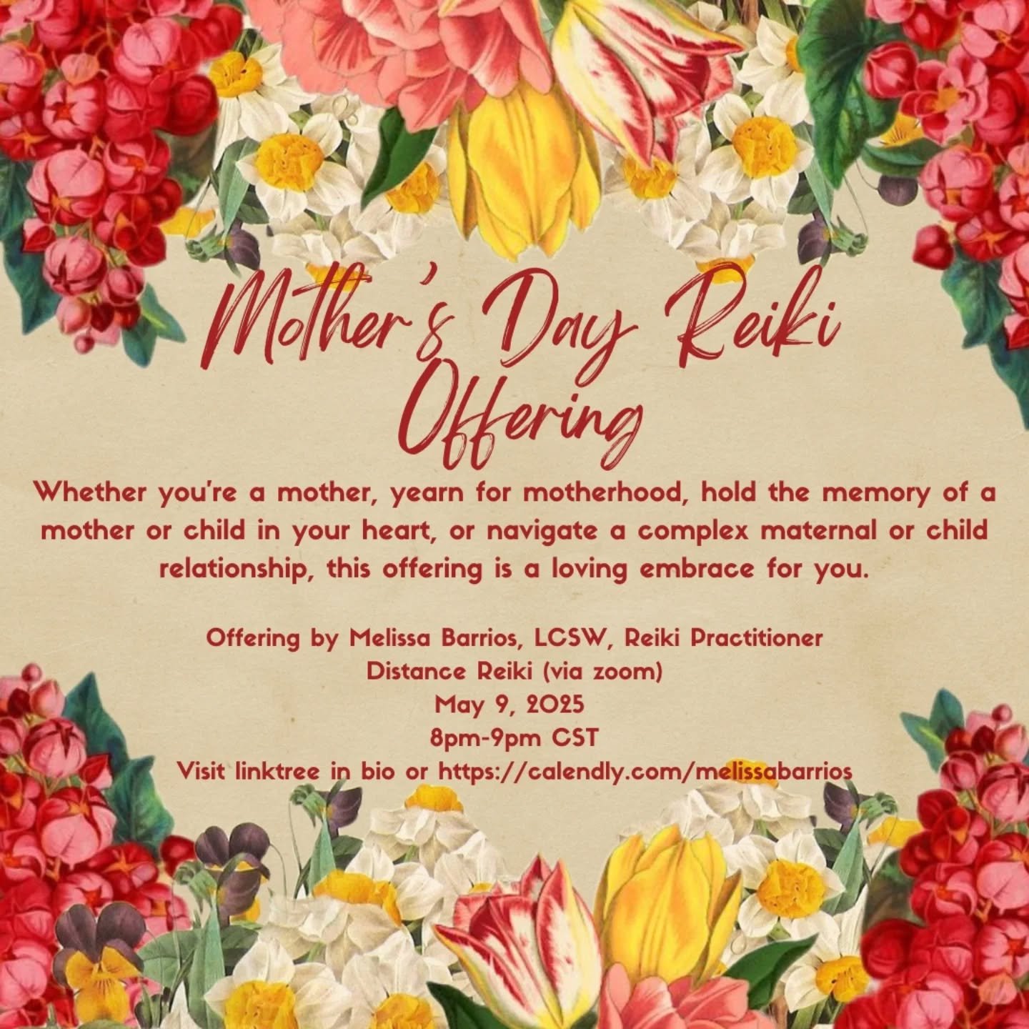 Mother's Day Distance Reiki Offering 💐
Whether you are a mother in the traditional sense, longing to be a mother, grieving the loss of your mother, grieving the loss of your child, or navigating a complicated relationship with your mother or child,