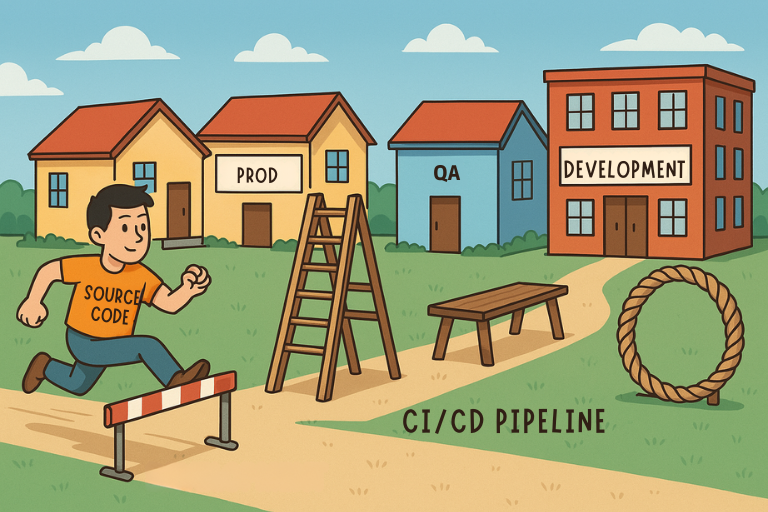 man acting like source code jumping through an obsticle course and going into houses. Portrays source code going through a pipeline to enter environments.