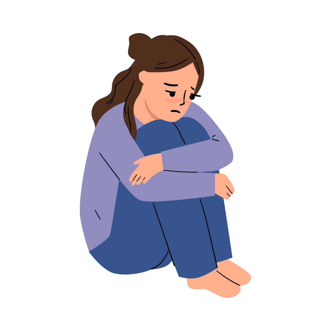 cartoon image of a girl curled up holding her legs tight to her body looking sad