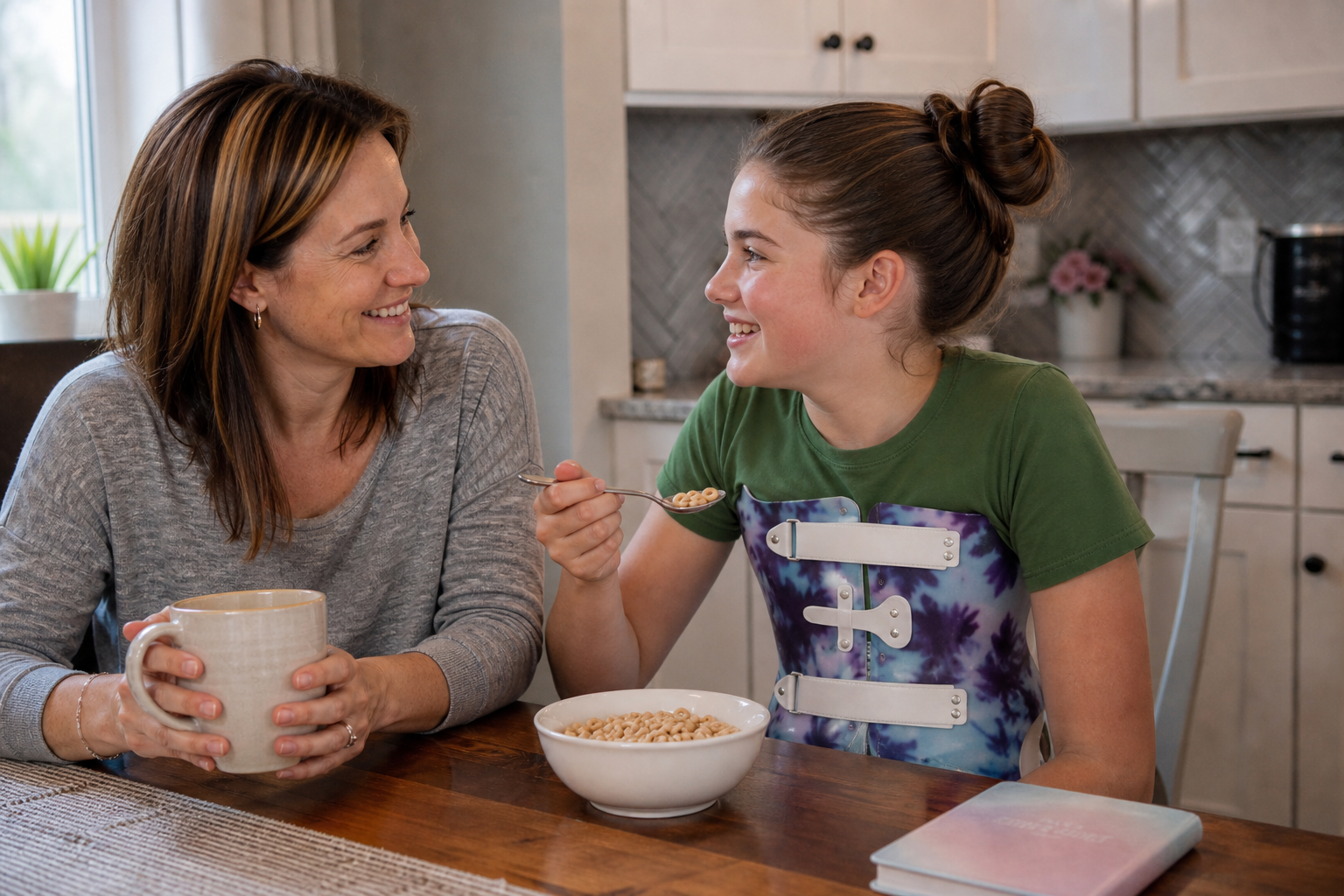 A Mom sitting with coffee smiling at her daughter with Adolescent Idiopathic Scoliosis wearing a Brace