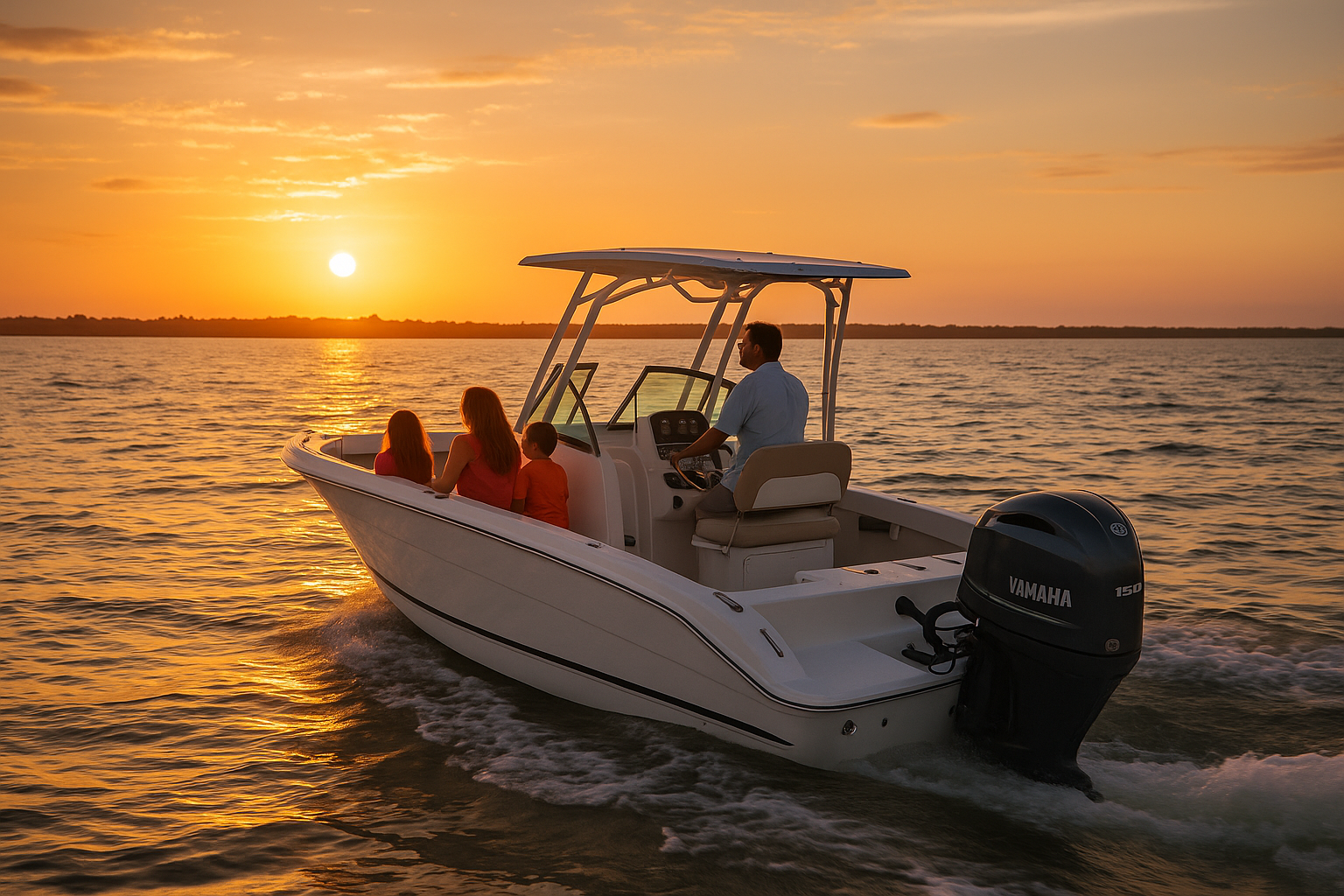 Family enjoying sunset on a boat with Yamaha outboard engine on water