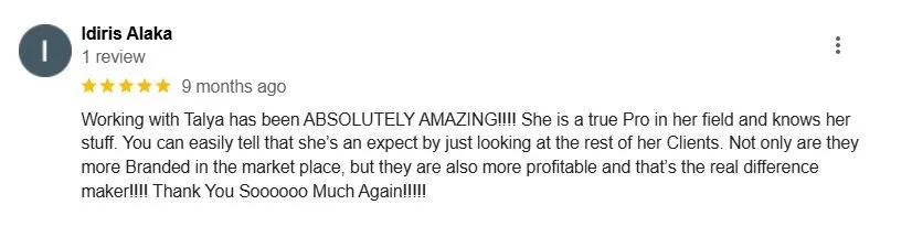 Screenshot of a five-star review from Idiris Alaka praising Talyn for being an excellent professional and effective in her field.