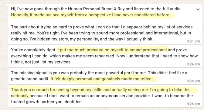 A screenshot of a text conversation, with highlighted parts emphasizing personal reflections about professional growth, self-perception, and gratitude.