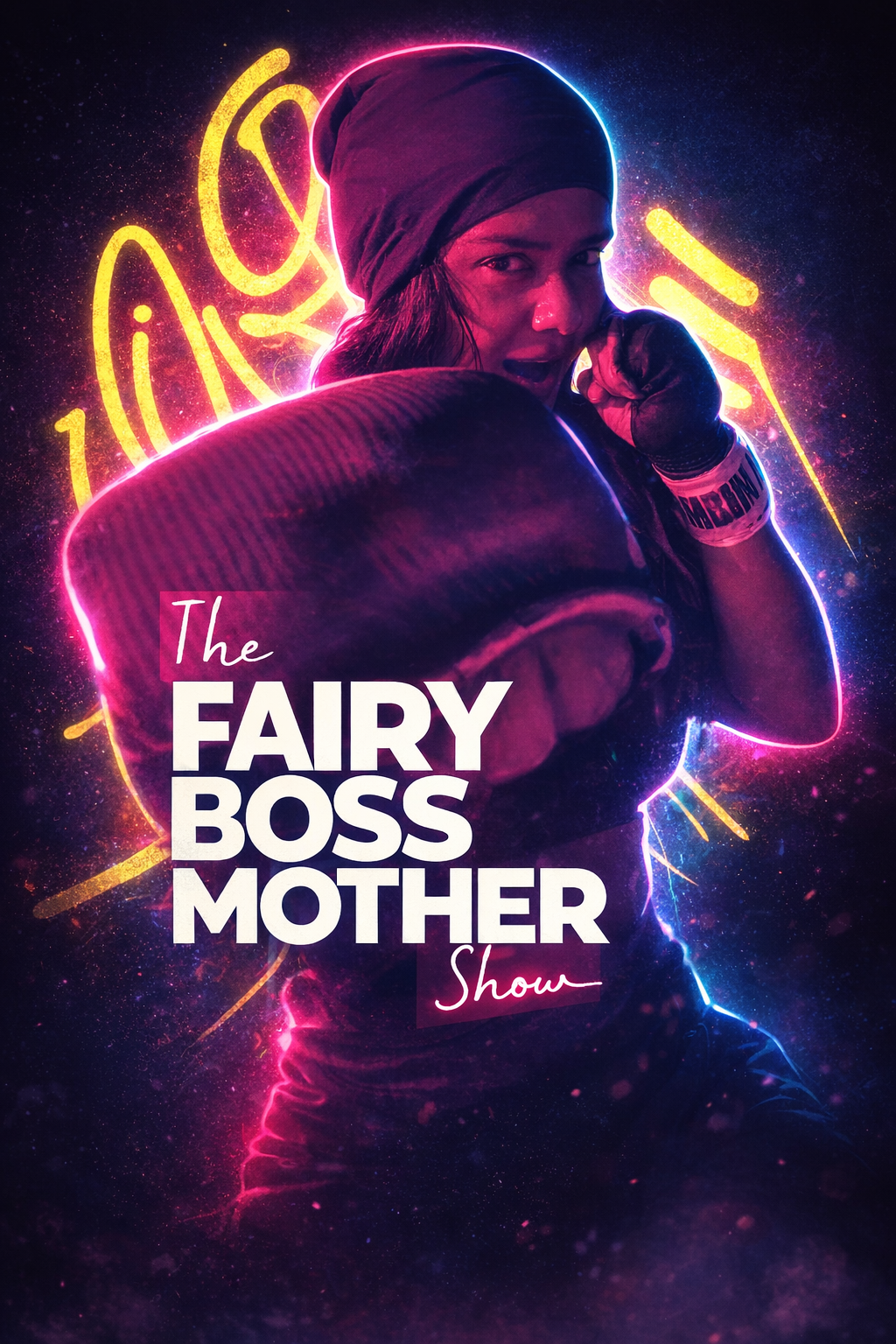 A woman in boxing gloves and a headscarf in a fighting stance with neon pink and blue lights and the text "The Fairy Boss Mother Show" in bold and cursive fonts.
