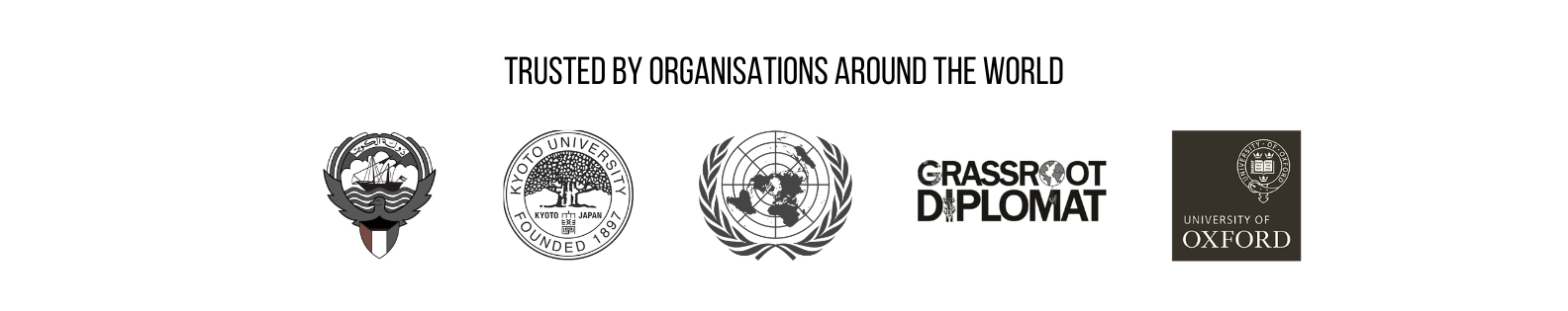 Logos of various organizations trusted worldwide, including Kyoto University, Kyoto University Foundation, United Nations, Grassroot Diplomat, and University of Oxford.