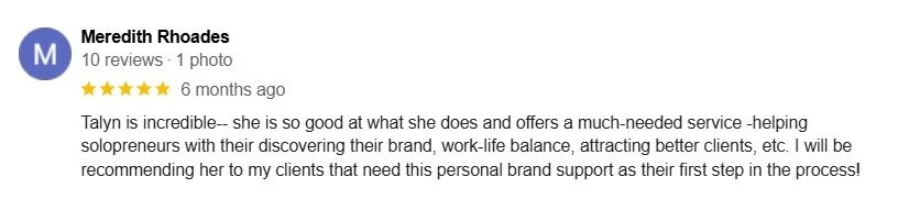 Screenshot of a Google review for Talyn, praising her skills and services.
