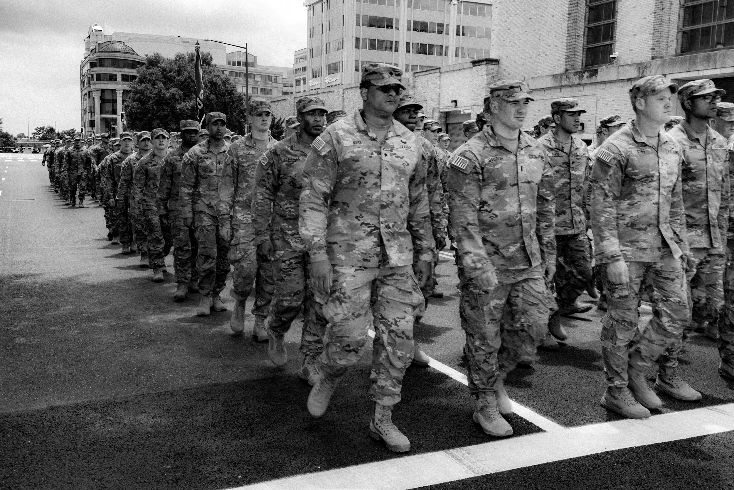 Soldiers in formation prepare to march to the National Mall, Washington D.C., 2025