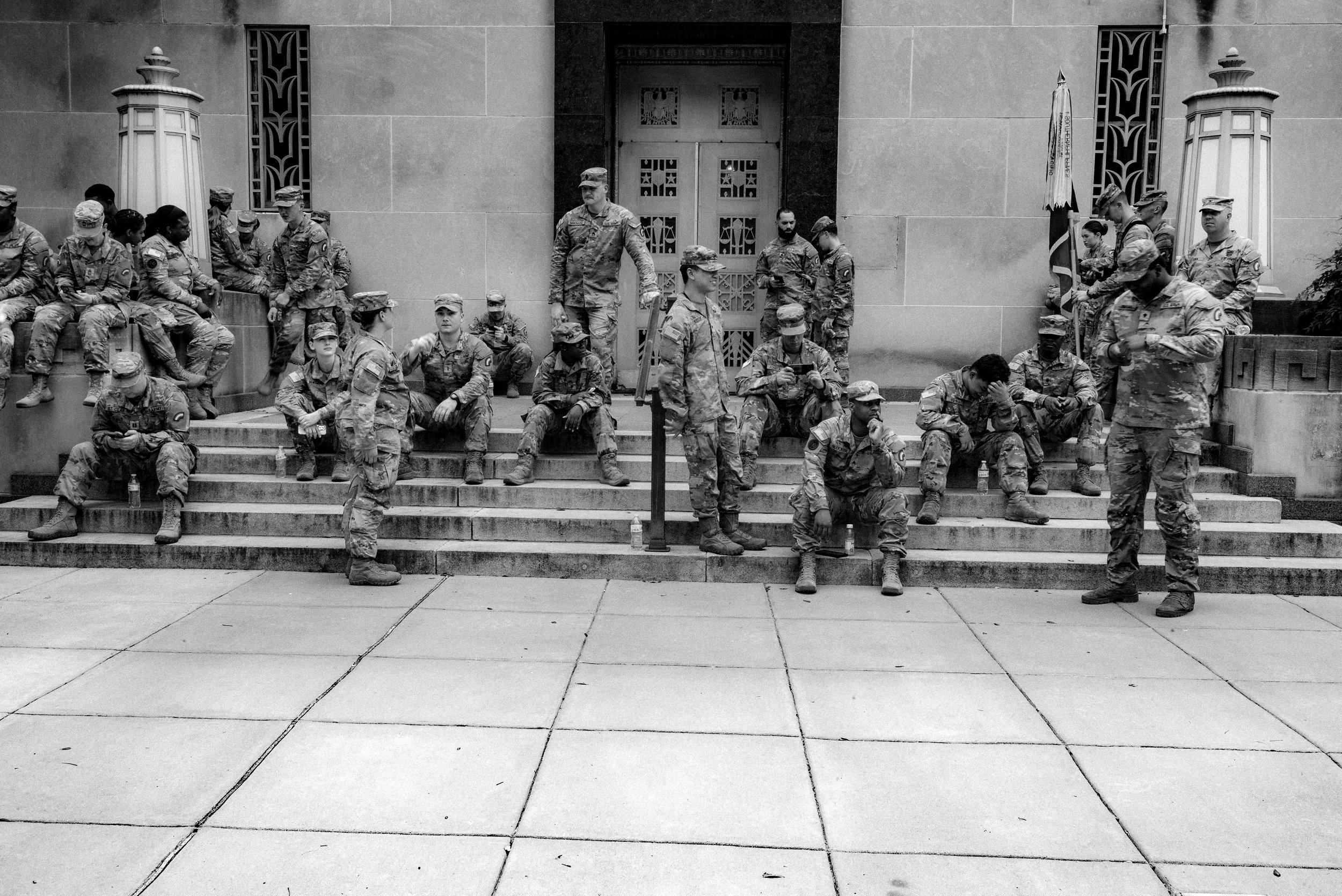 U.S. Army soldiers waiting near Dept. of Agriculture during parade formation, Washington D.C., 2025