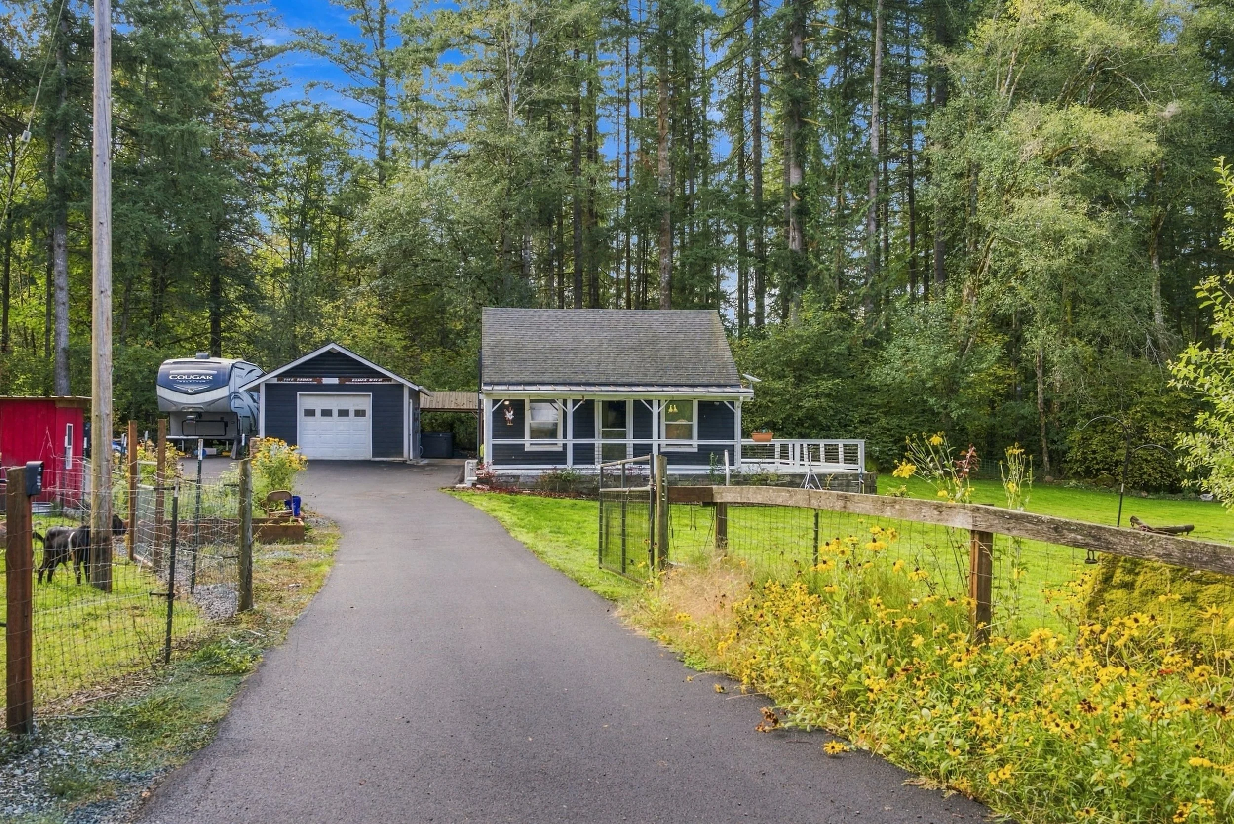 A peaceful country setting just 10 minutes from downtown Battle Ground. This property sits on .68 acres, fully fenced, with animal enclosures ready to go, garden beds, and apple, pear, cherry, and plum trees. There&rsquo;s an RV pad with 30 &amp; 50 