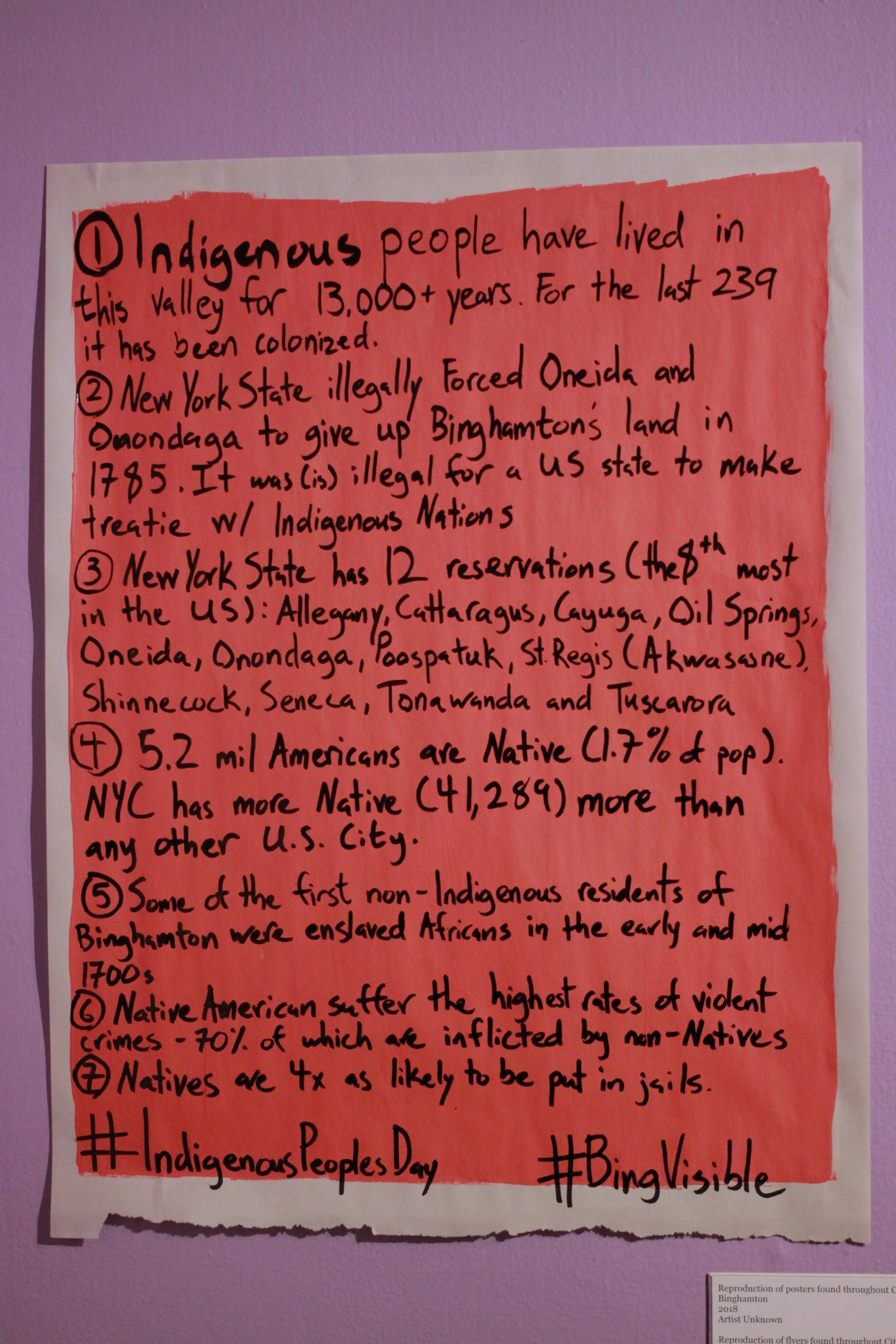 Columbus Day Protest Sign with 7 facts
1) Indigenous people have lived in this valley for 13000 years. For the last 239 it has been colonized. 2) NY State illegally forced Onedia and Onondaga to give up Binghamton's land. 3) NY State has 12 reservati